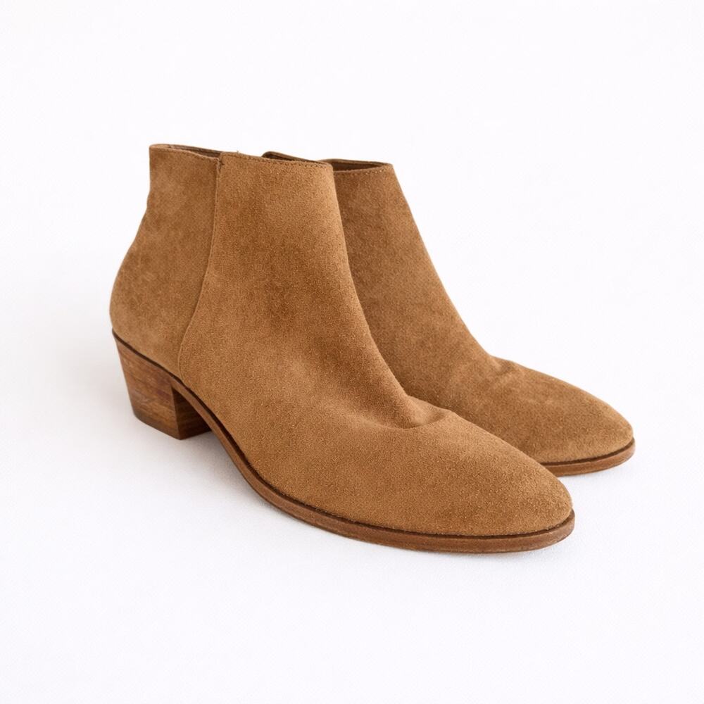 Thursday Suede Handcrafted Side Zip Heeled Ankle Bootie Brown 9.5